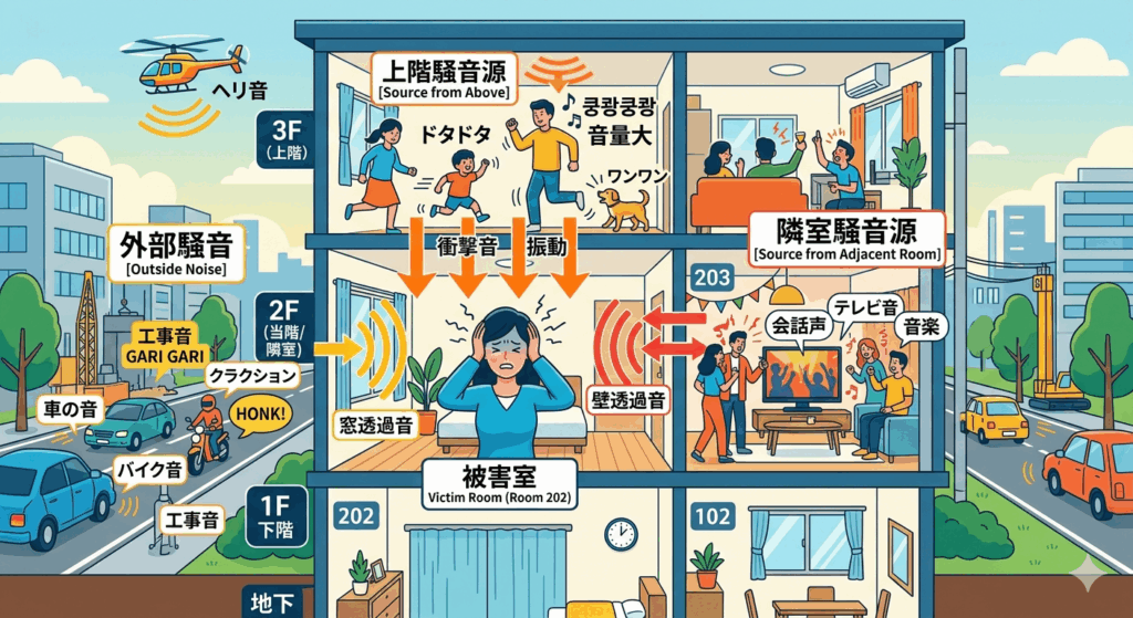 賃貸で起こる騒音トラブルの種類(上階・隣室・外部音)