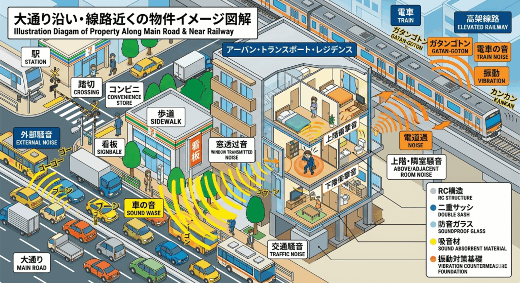 騒音トラブルが起きやすい立地の例(大通り・線路沿い)