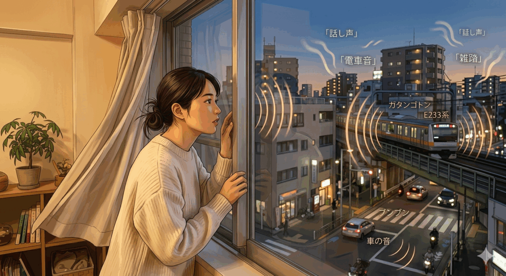 内見時に窓を開けて騒音を確認する様子